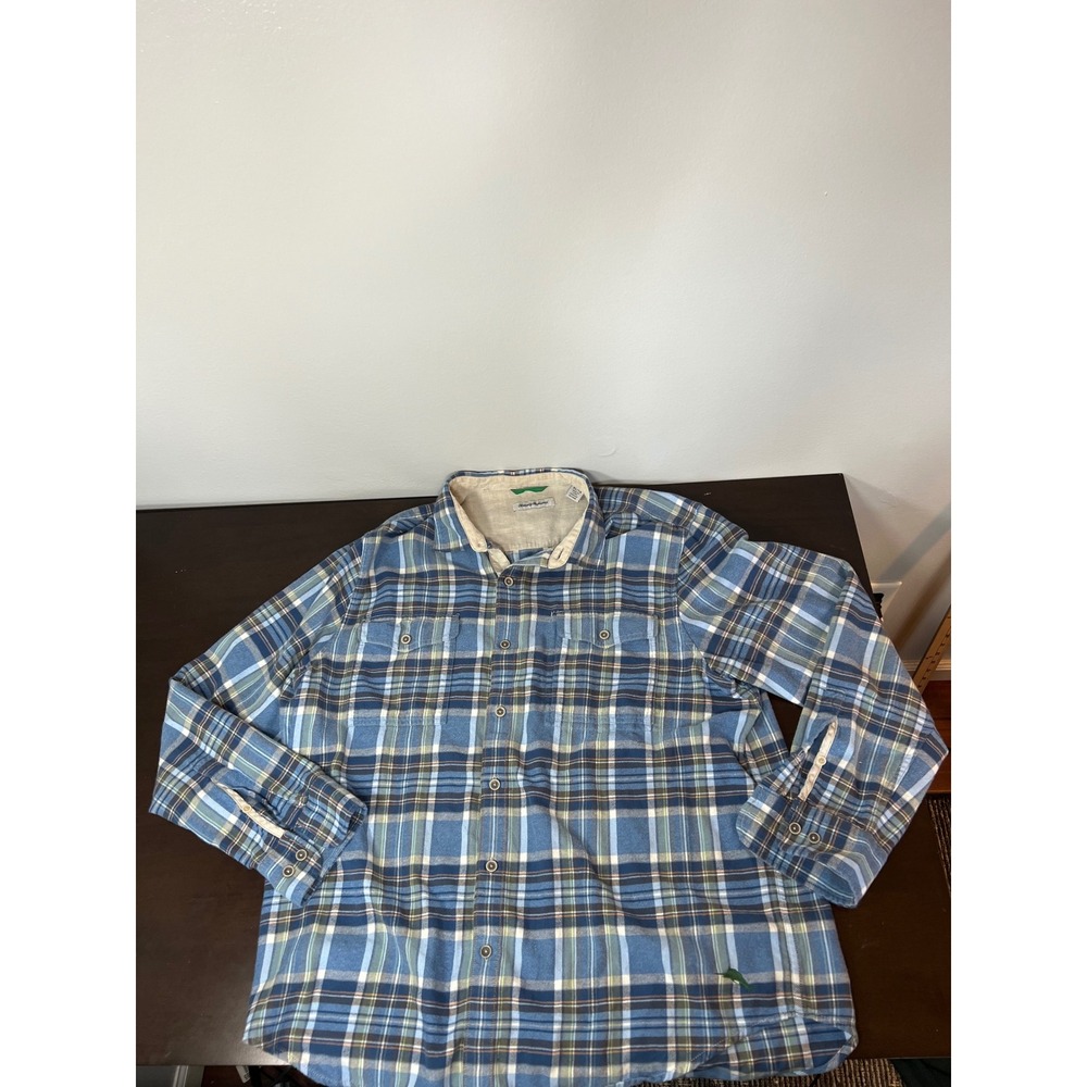 Tommy Bahama Mens XL Blue Plaid Long Sleeve Button Down Shirt Flannel Style